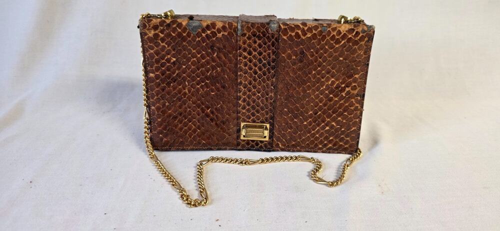 Vintage Brown Python Snakeskin Clutch Purse Gold Chain Lock